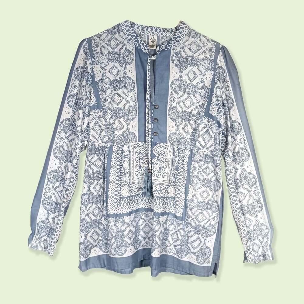 Prana Slate Blue & White Smock Top, Size S